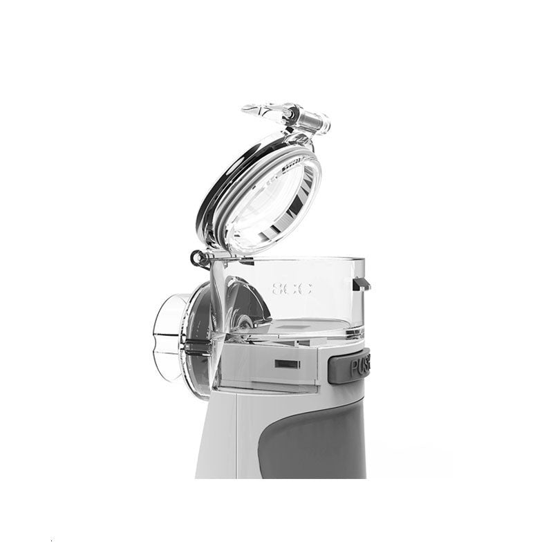 Fitlybuy white handheld portable nebulizer with an open clear medication cup and "PUSH" button against white background.
