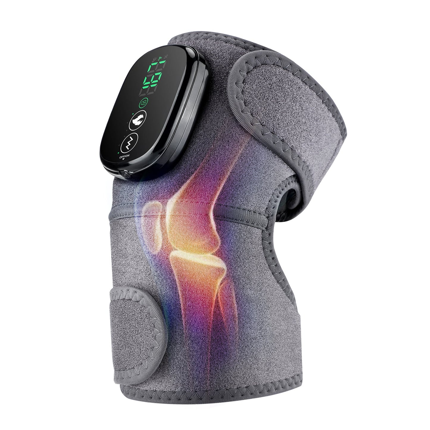 Gray Fitlybuy 3-in-1 thermal knee massager with digital display and heat therapy illustration on white background.
