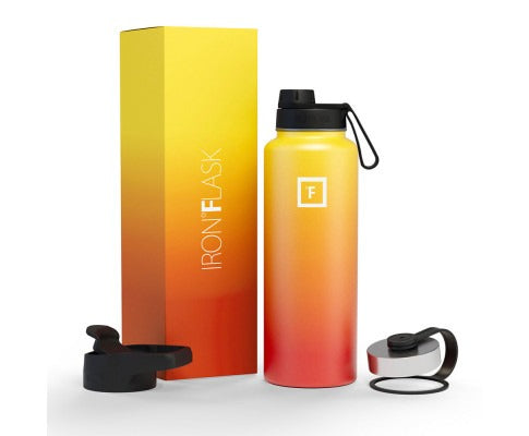 Fitlybuy Iron Flask bundle: yellow-to-red gradient stainless steel water bottle with box and two extra lids.
