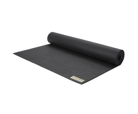 Black Fitlybuy EcoGrip non-slip yoga mat, partially rolled, featuring a small branded corner tag on a white background.