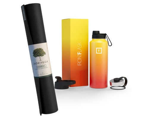 Fitlybuy bundle: black rolled Jade Yoga mat with non-slip EcoGrip and a yellow-to-red ombre Iron Flask water bottle.