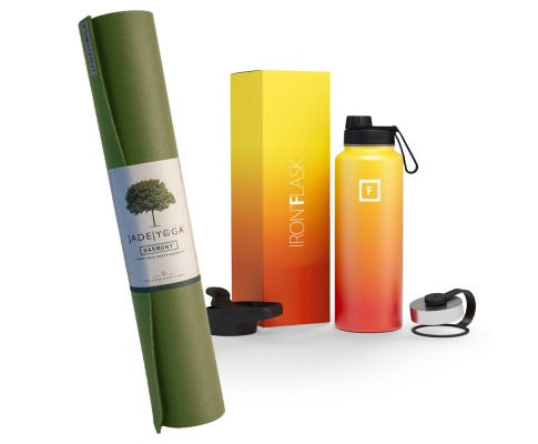 Fitlybuy bundle: Olive green Jade Yoga non-slip mat and yellow-to-red ombre Iron Flask water bottle with accessories.
