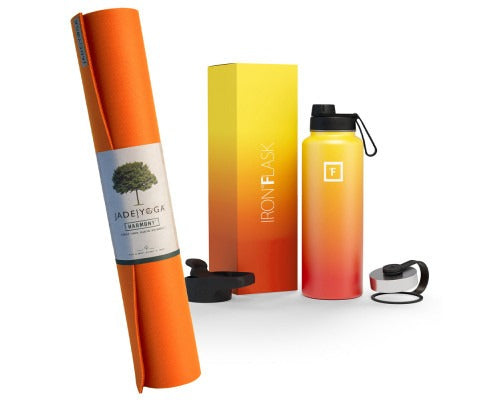 Fitlybuy orange yoga mat and gradient yellow-to-red Iron Flask water bottle set with eco-friendly branding.