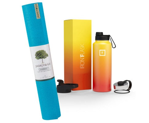 Fitlybuy bundle: blue rolled Jade yoga mat with non-slip grip and an orange-yellow gradient Iron Flask water bottle.