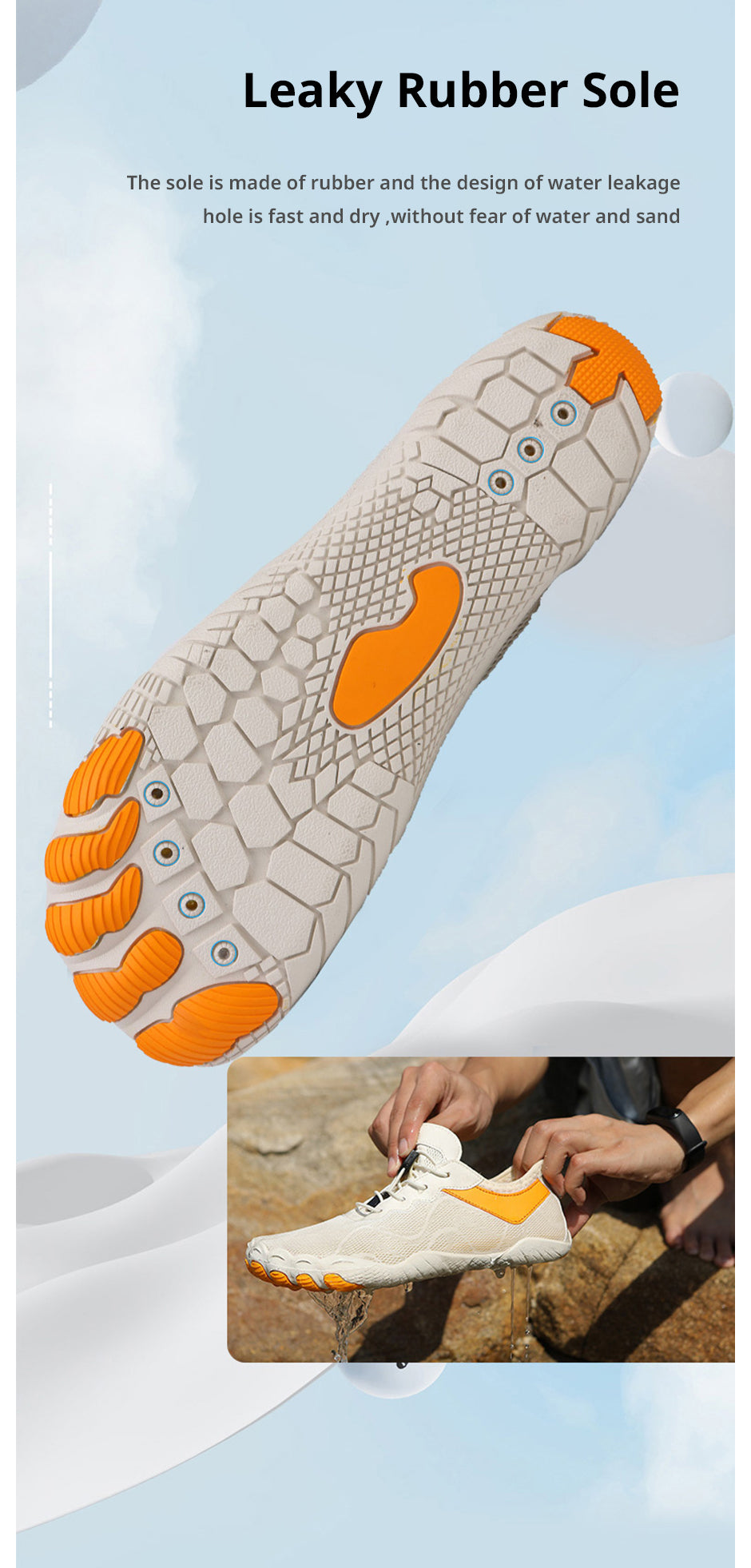 Fitlybuy AquaStep shoes: beige and orange, non-slip rubber sole with drainage holes for quick-drying water activity.