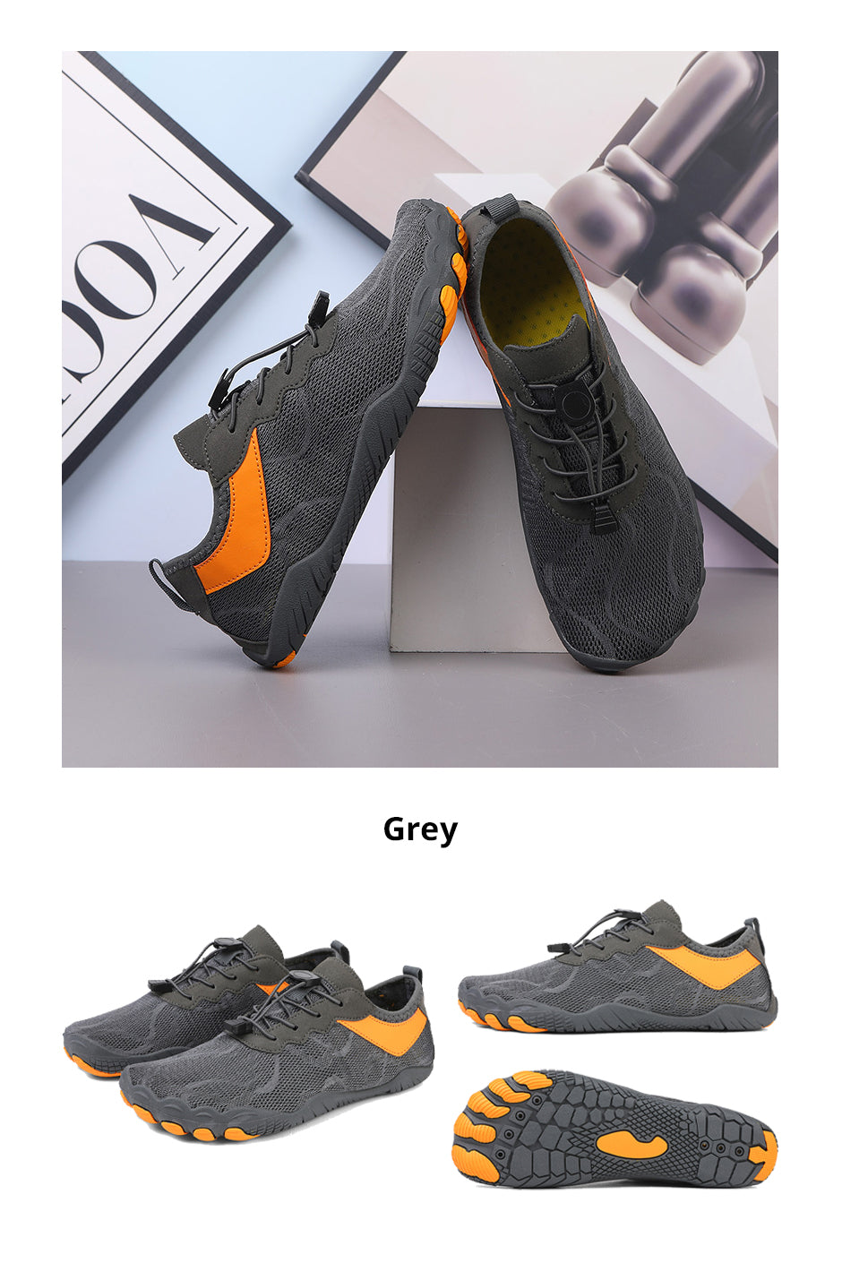 Grey Fitlybuy AquaStep barefoot water shoes with mesh uppers, orange accents, quick-lace, and non-slip traction soles.