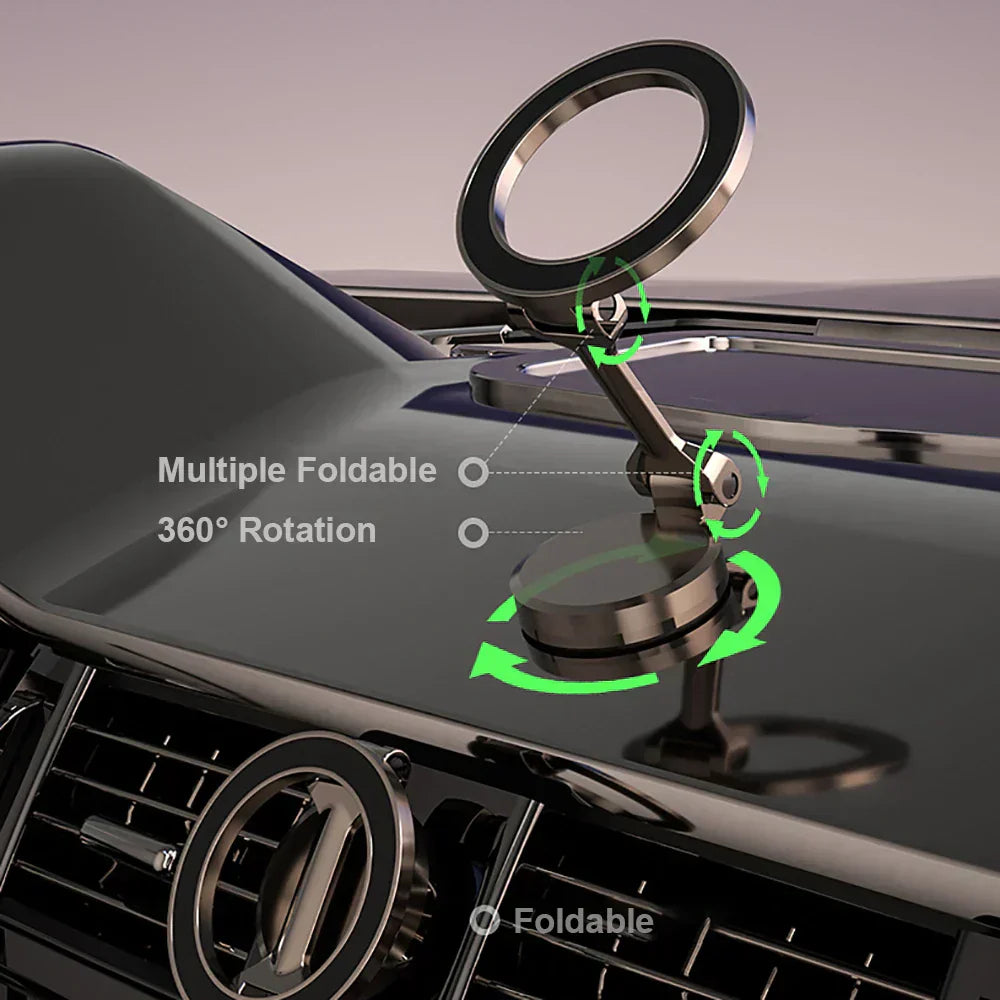 Fitlybuy black magnetic car phone holder on a dashboard, featuring 360-degree rotation and a foldable design.