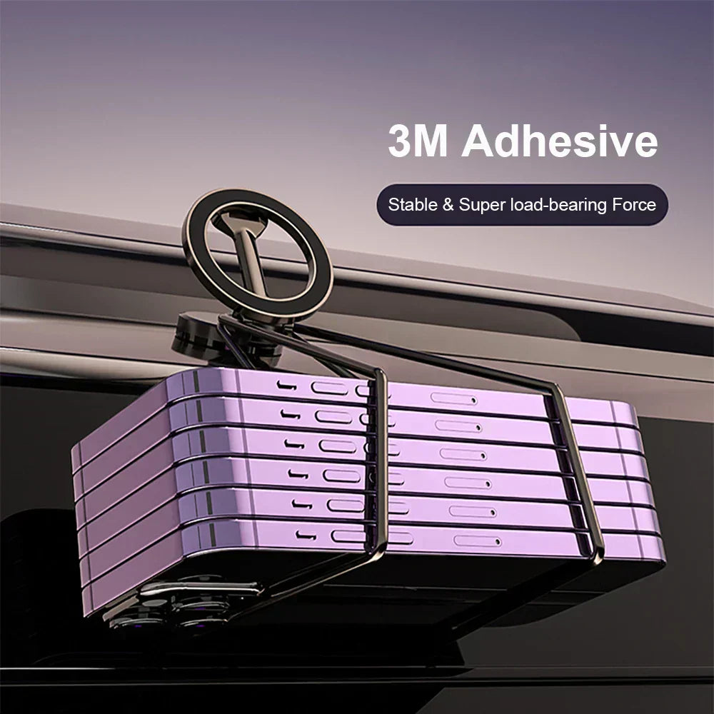 Fitlybuy 360° foldable black magnetic car mount with 3M adhesive, holding a stack of five purple smartphones.