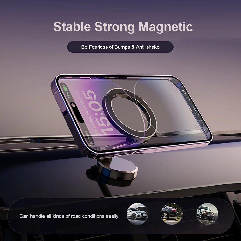 Fitlybuy foldable magnetic car phone holder in metallic silver holding a smartphone on a car dashboard.