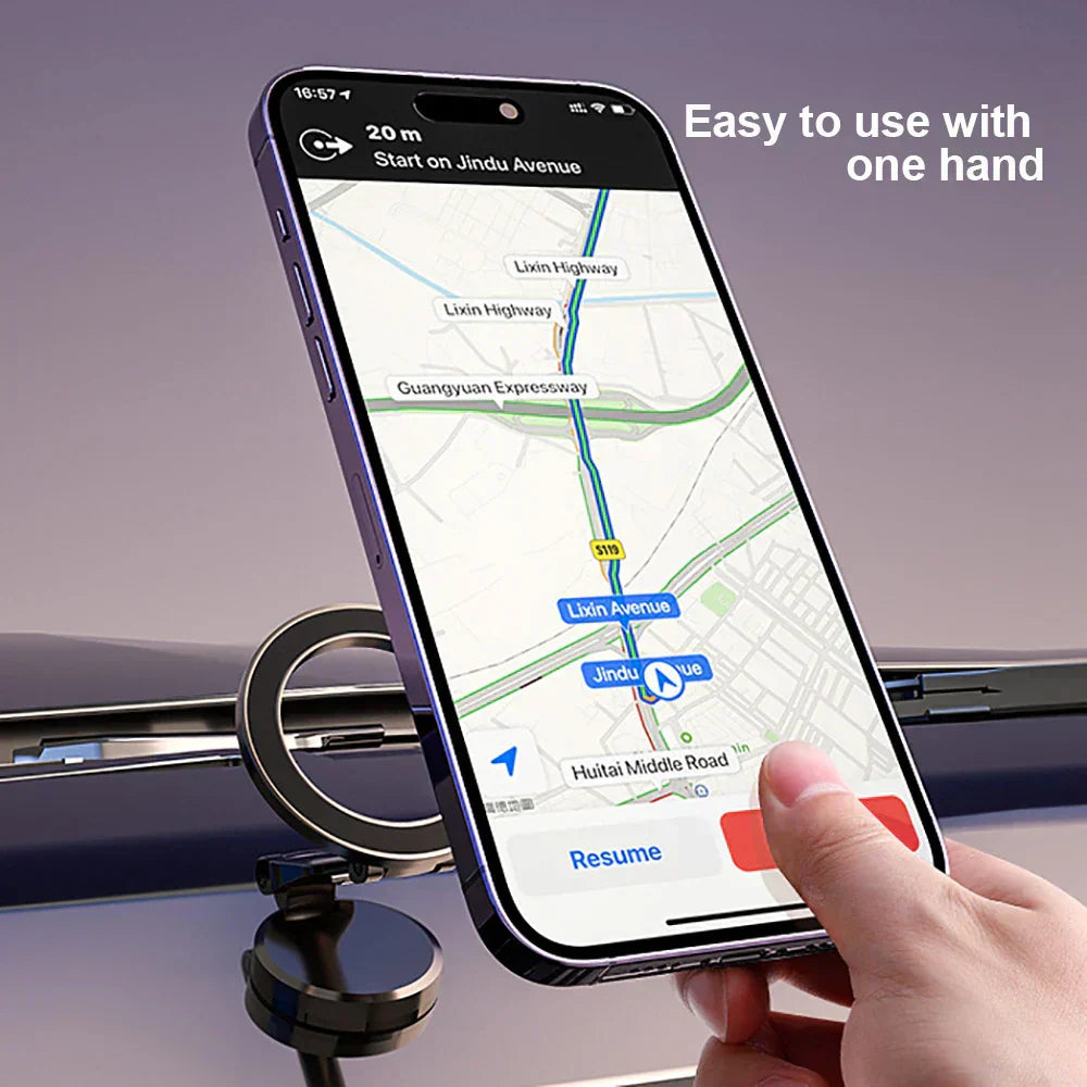 Black Fitlybuy 360° foldable magnetic car phone holder attached to a dashboard, holding a smartphone with GPS navigation.