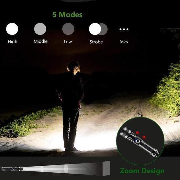 Black Fitlybuy high-power LED flashlight with 5 modes, zoom design, and bright beam illuminating a dark path.