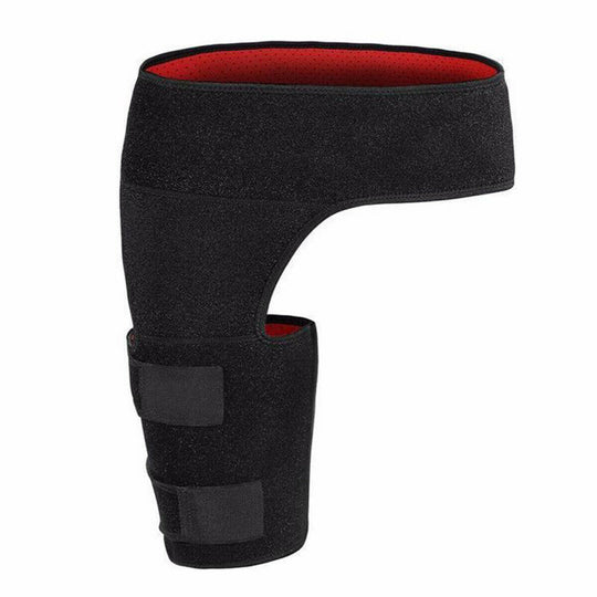 Fitlybuy black hip and thigh compression sleeve with red interior, featuring SupportFlex technology and velcro straps.