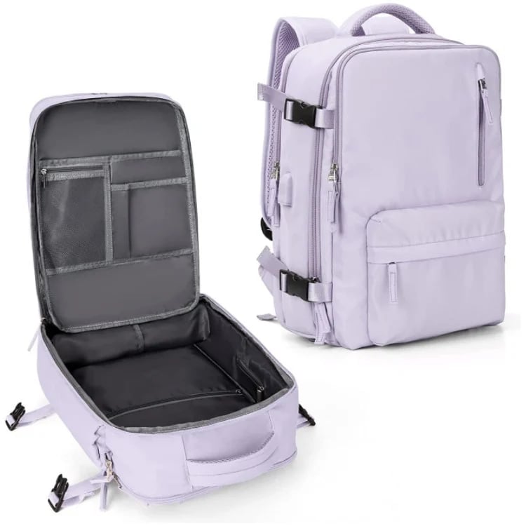 Light purple Fitlybuy travel backpack showing an open interior with pockets and a closed exterior view.