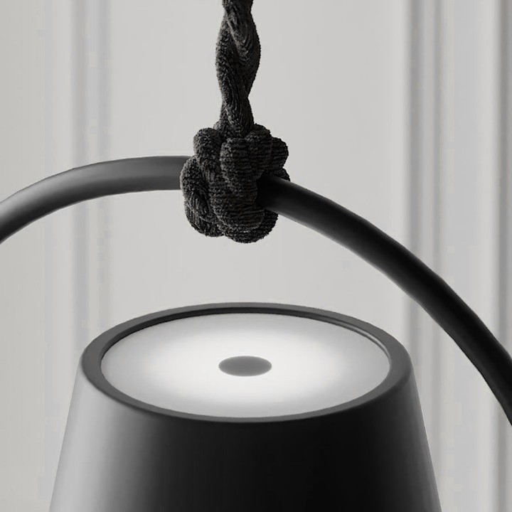Fitlybuy LumiCord: Matte black wireless LED hanging lamp with a braided cord knot and illuminated round smart light.