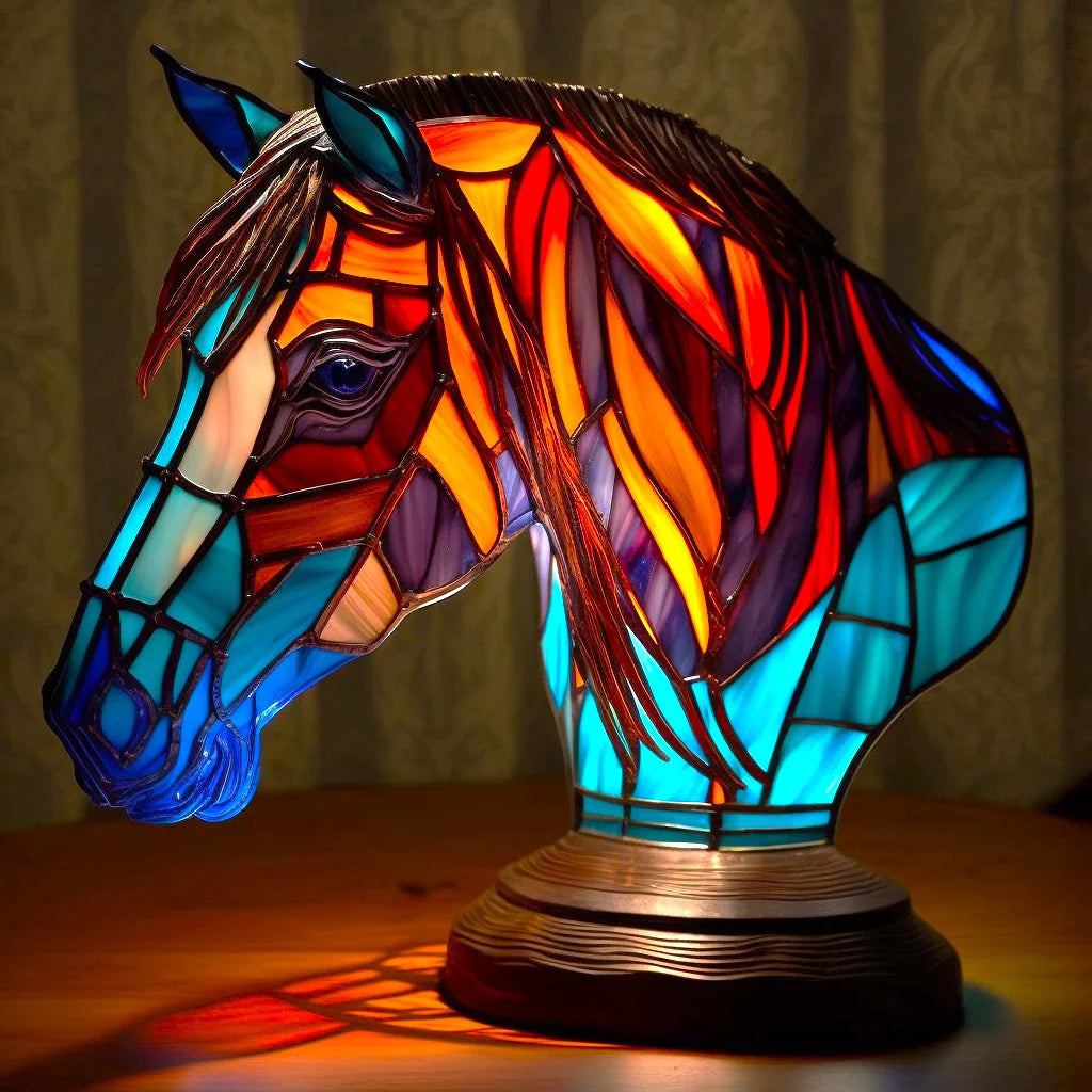 Fitlybuy stained glass horse head lamp with colorful, glowing ambient light panels on a dark wooden base.