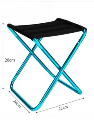 Fitlybuy foldable camping stool with a black seat and metallic blue frame, featuring 28cm x 24cm x 22cm dimensions.