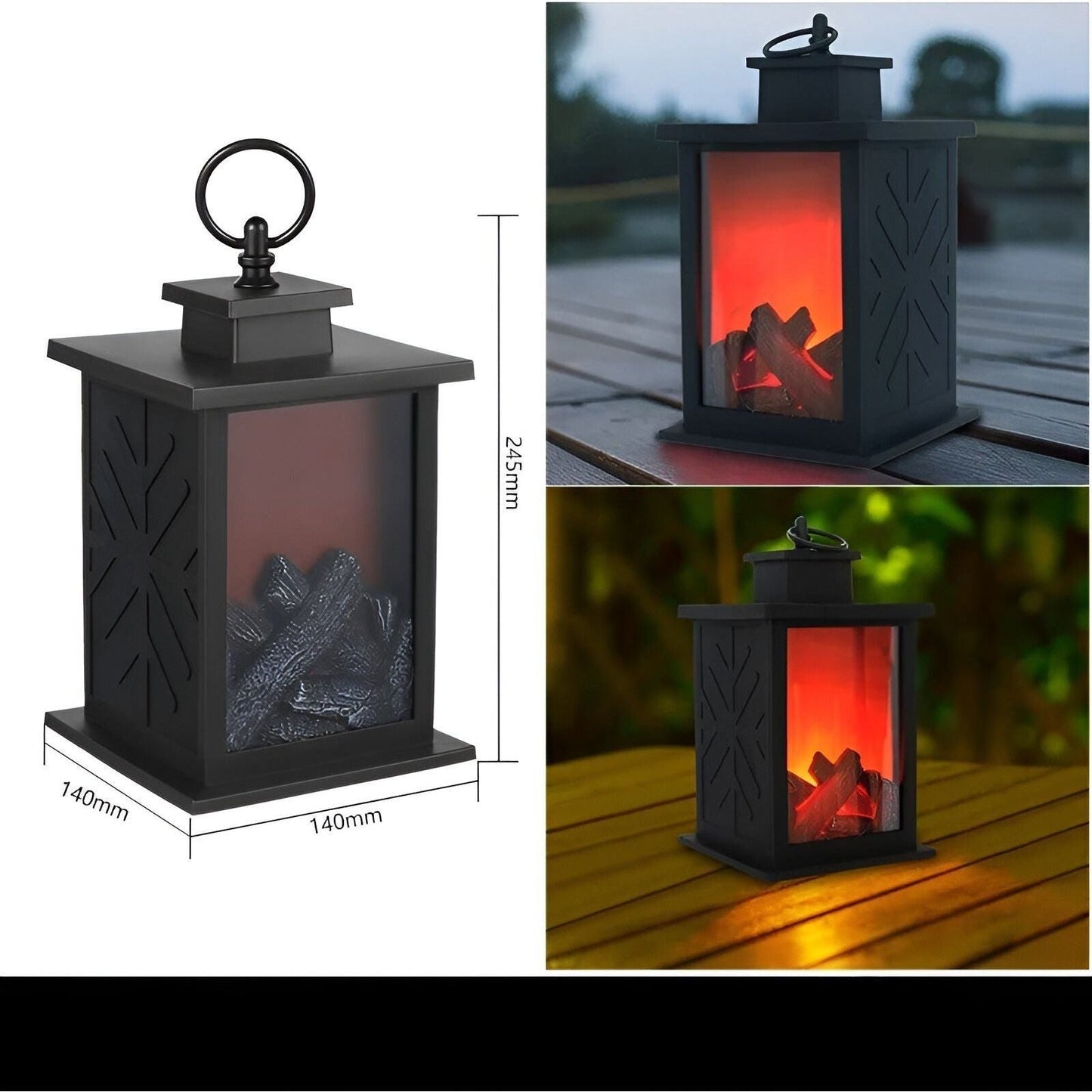 Black Fitlybuy RadiantFlame LED lantern with realistic glowing logs and dimensions, shown in cozy outdoor settings.