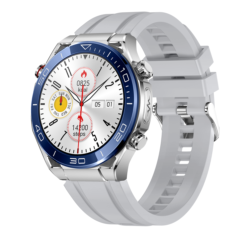 Fitlybuy Kexi-Life Max 1 silver smartwatch with blue bezel, white silicone strap, and health-tracking display.