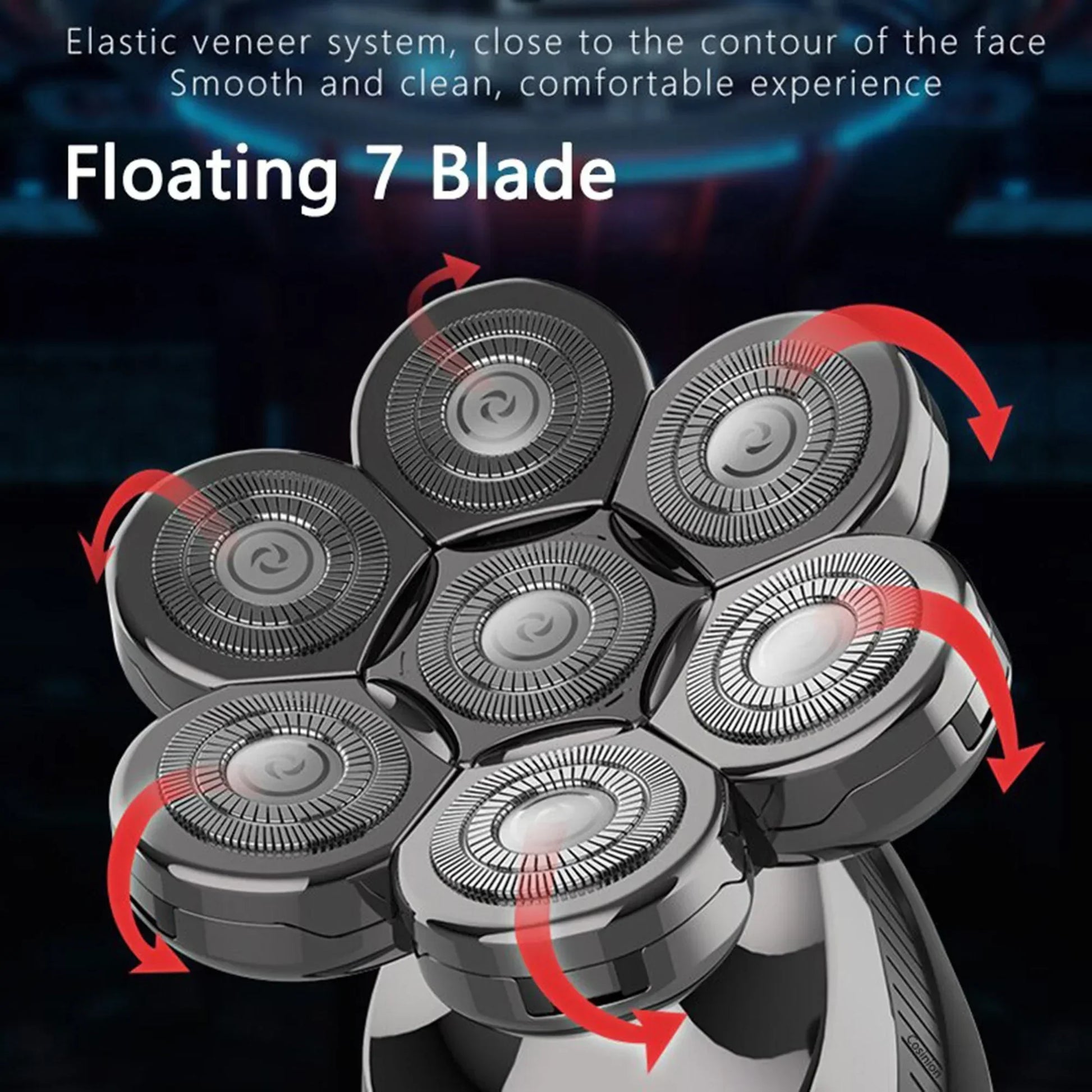 Fitlybuy FlexiShave Pro black 7D electric razor head with floating blades and red directional movement arrows.
