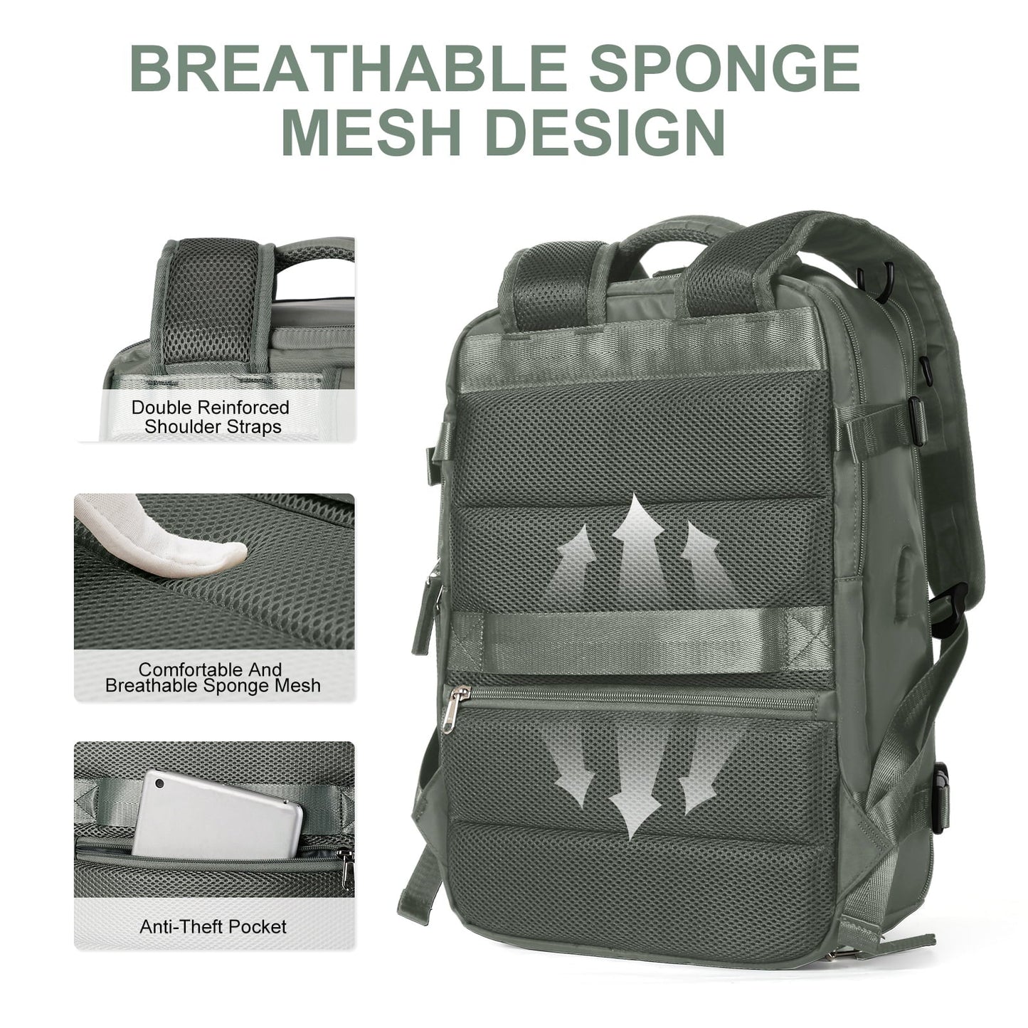Olive green Fitlybuy travel backpack with breathable mesh back, reinforced straps, and a secure anti-theft pocket.