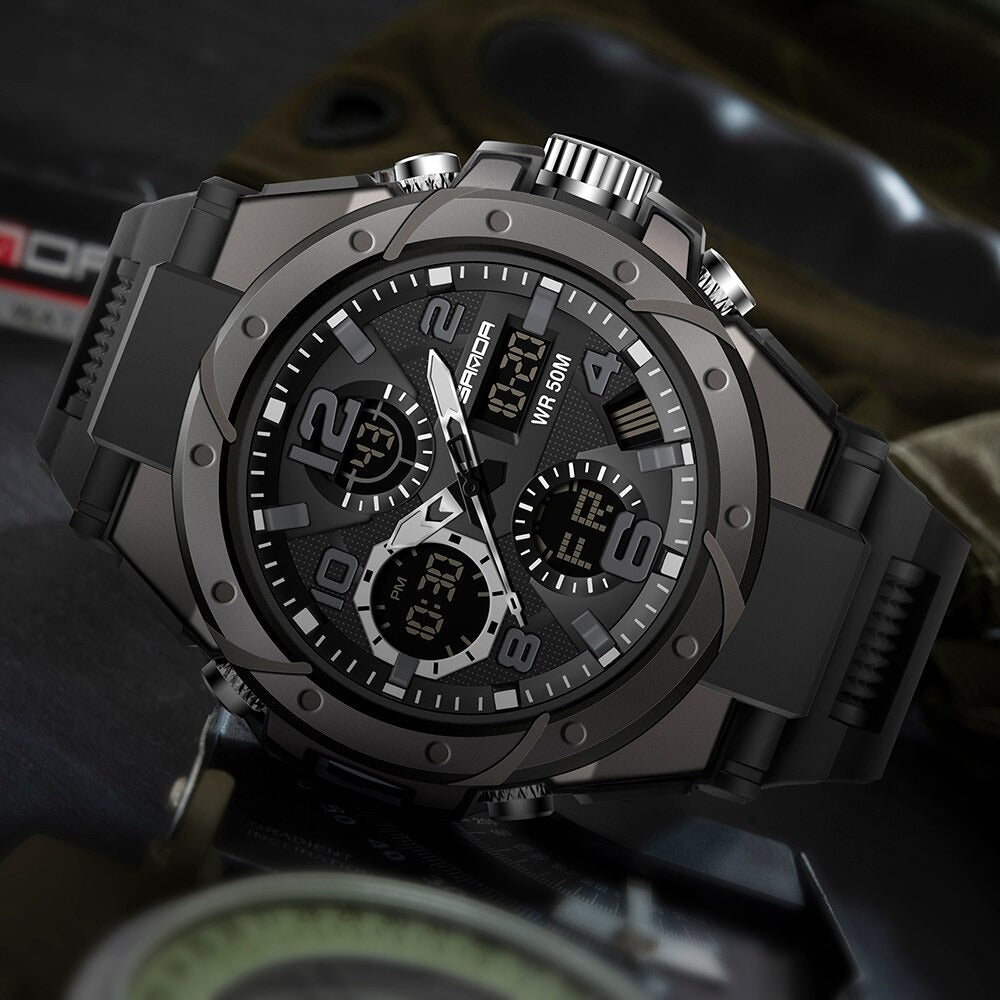 Fitlybuy TitanGuard: A rugged black military men's watch with multifunctional analog and digital displays.