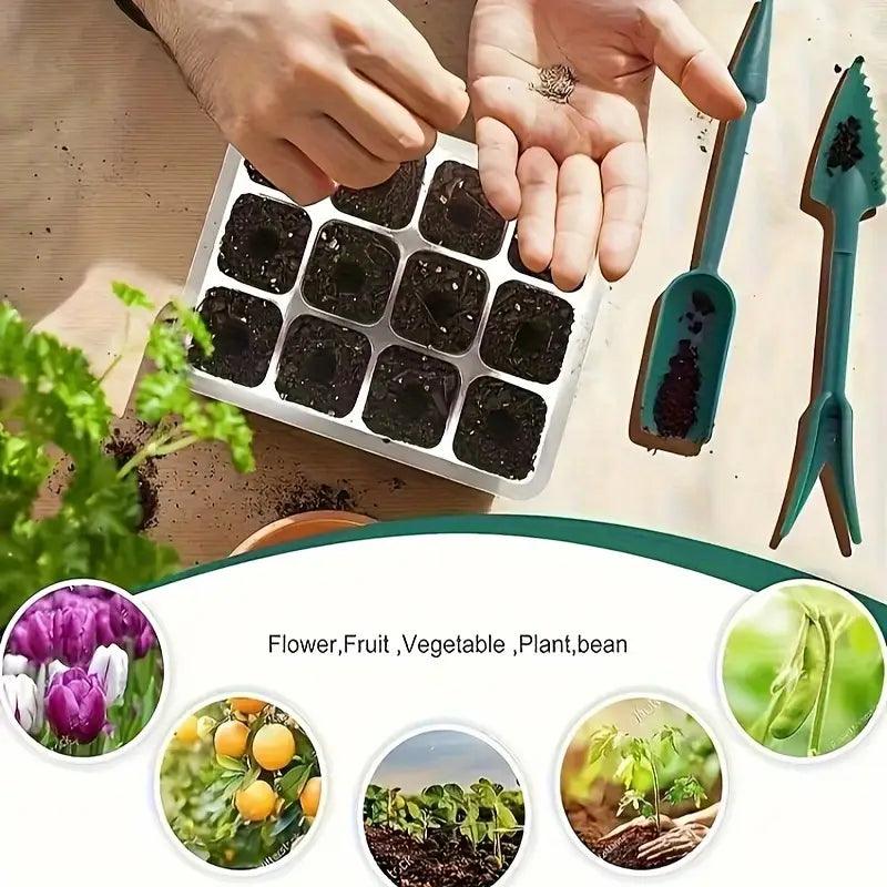 Hands planting seeds in a 36-cell white tray with green garden tools for indoor vegetable and flower growing.