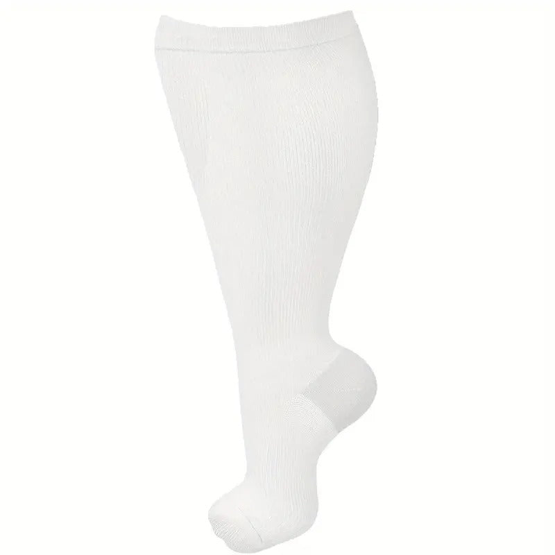 Fitlybuy VitalFlow white plus-size knee-high compression sock with ribbed texture for circulation support.
