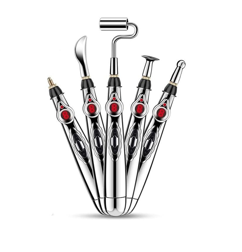 Fitlybuy silver laser acupuncture pen set with 5 interchangeable massage heads and LED display on white background.