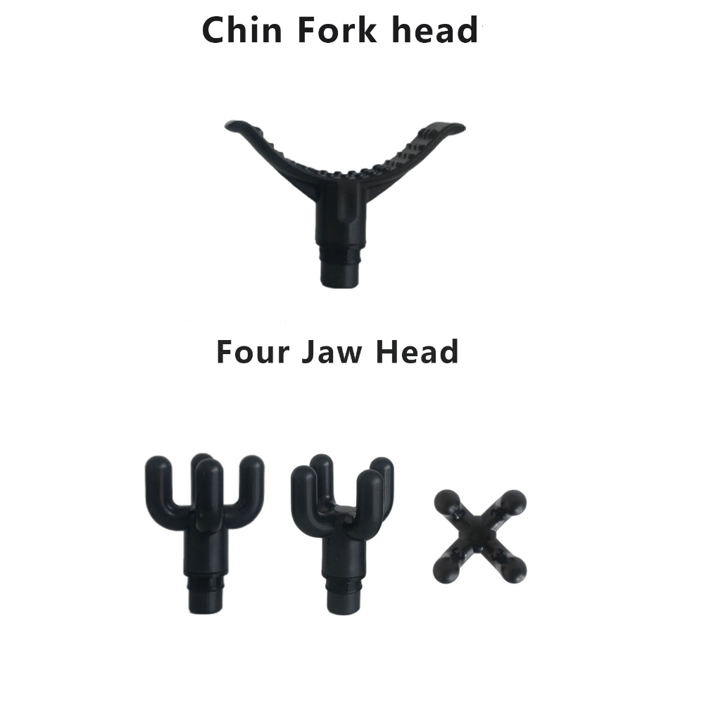 Black massage gun attachments for Fitlybuy ProMassage X1, featuring a Chin Fork head and various Four Jaw heads.