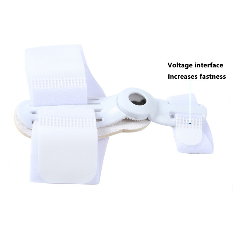 White Fitlybuy adjustable bunion corrector with hinged support system and Velcro straps on a plain white background.