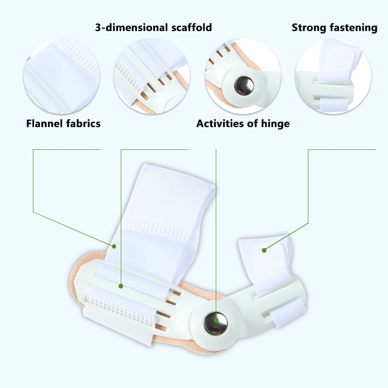 Fitlybuy white adjustable bunion corrector with hinge, flannel lining, 3D scaffold, and secure fastening straps.
