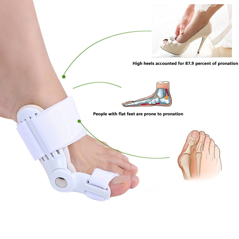 Fitlybuy white adjustable bunion corrector with flexible support straps worn on a foot with anatomical diagrams.