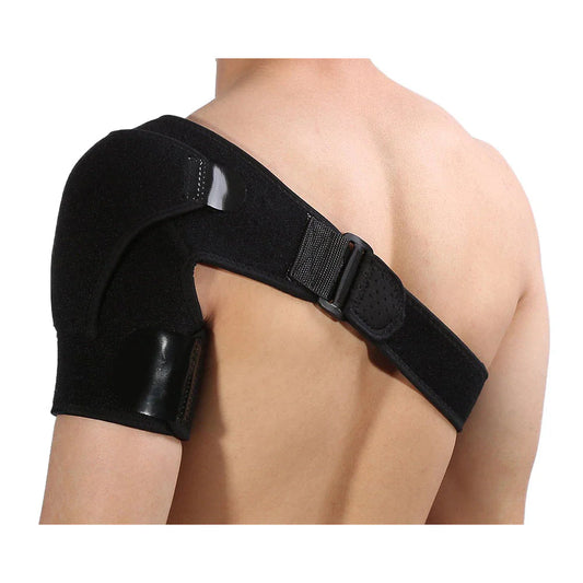 Black Fitlybuy Stabilise+ adjustable shoulder brace with ComfortFlex straps worn on a person's back for support.