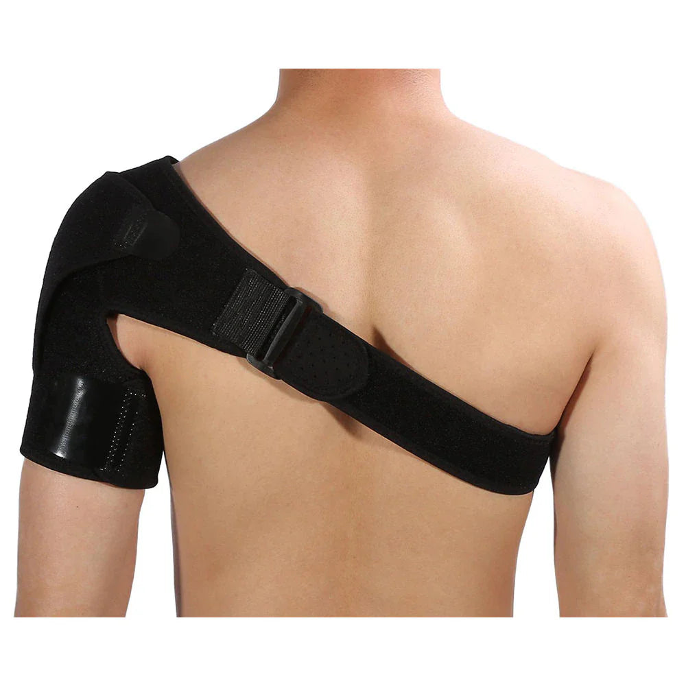 Fitlybuy Stabilise+ black adjustable shoulder brace worn on a person's back, featuring ComfortFlex support straps.