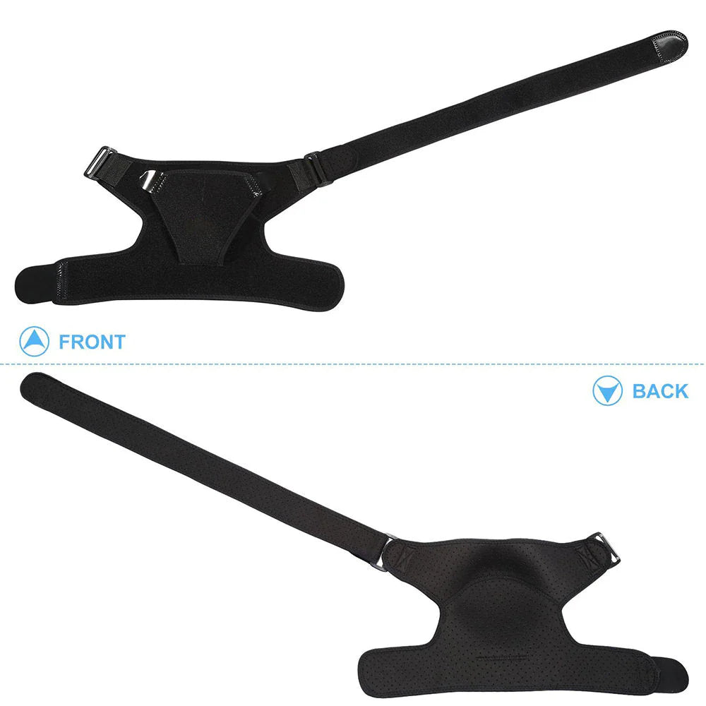 Fitlybuy Stabilise+ adjustable black shoulder brace showing front and back views with straps and ComfortFlex support.