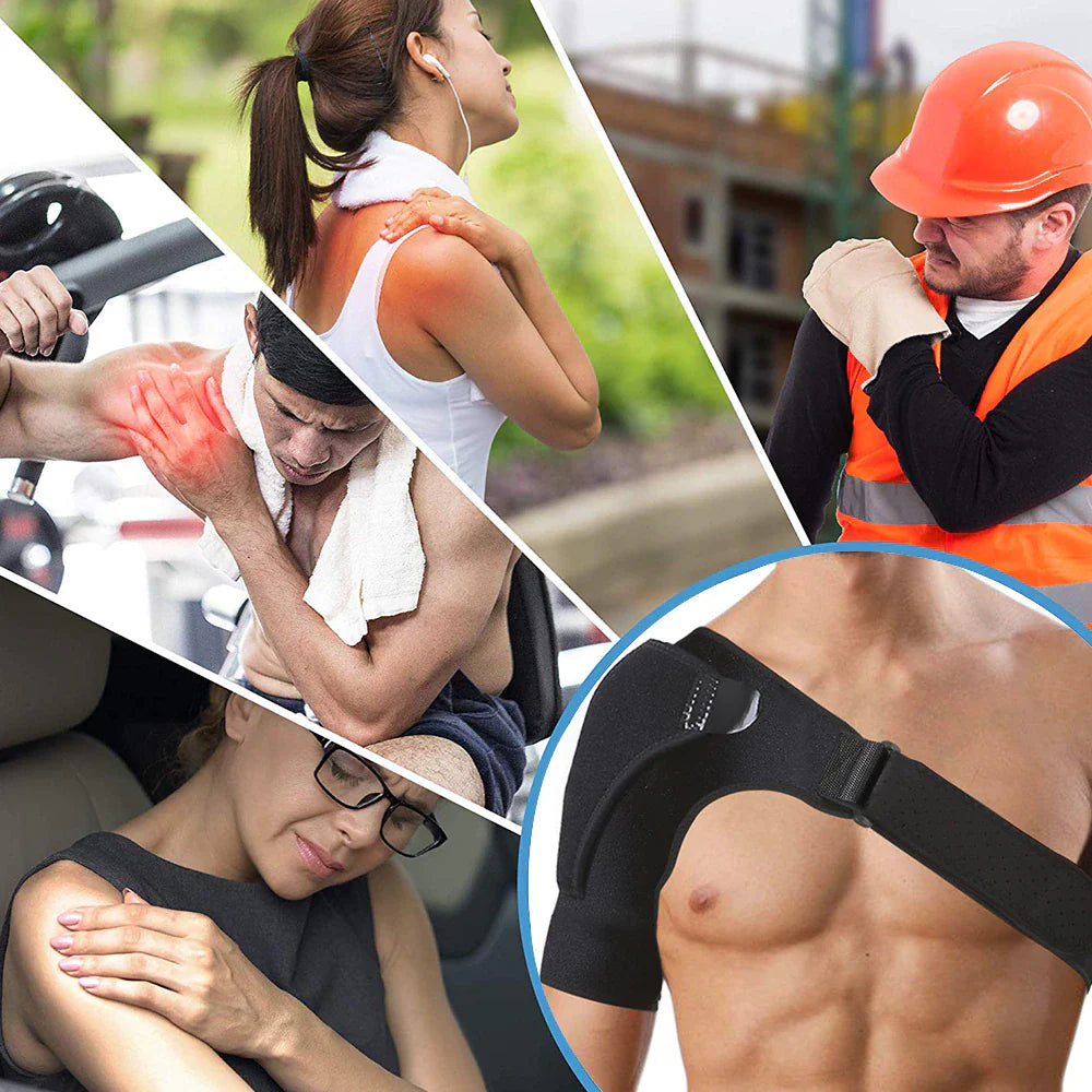 Fitlybuy black adjustable shoulder brace with ComfortFlex support for pain relief, shown on a man and in daily life.