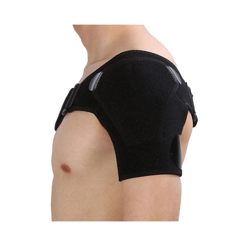 Fitlybuy Stabilise+ black adjustable shoulder brace worn on a person, featuring ComfortFlex support plates.