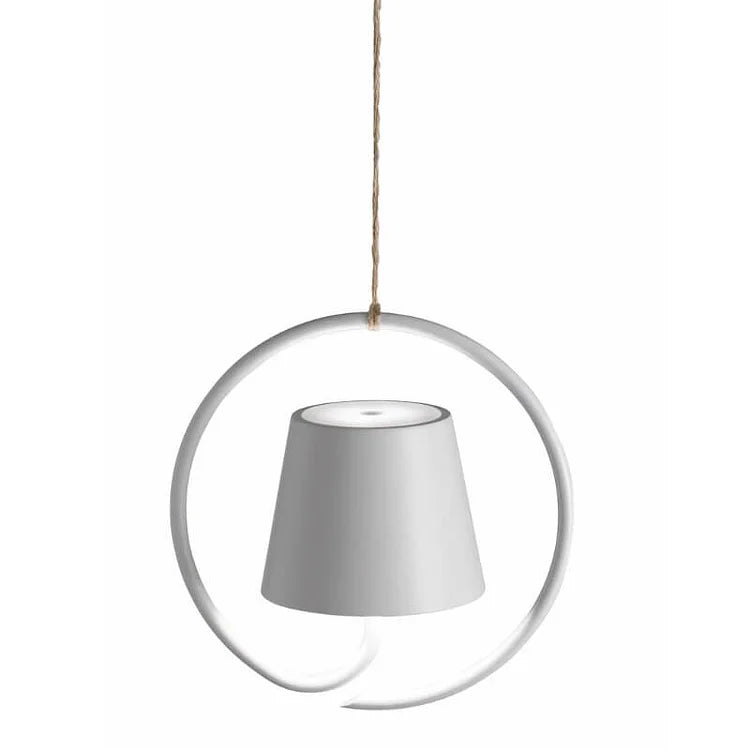 Fitlybuy LumiCord wireless hanging lamp with a grey shade inside a circular white frame, suspended by a twine rope.