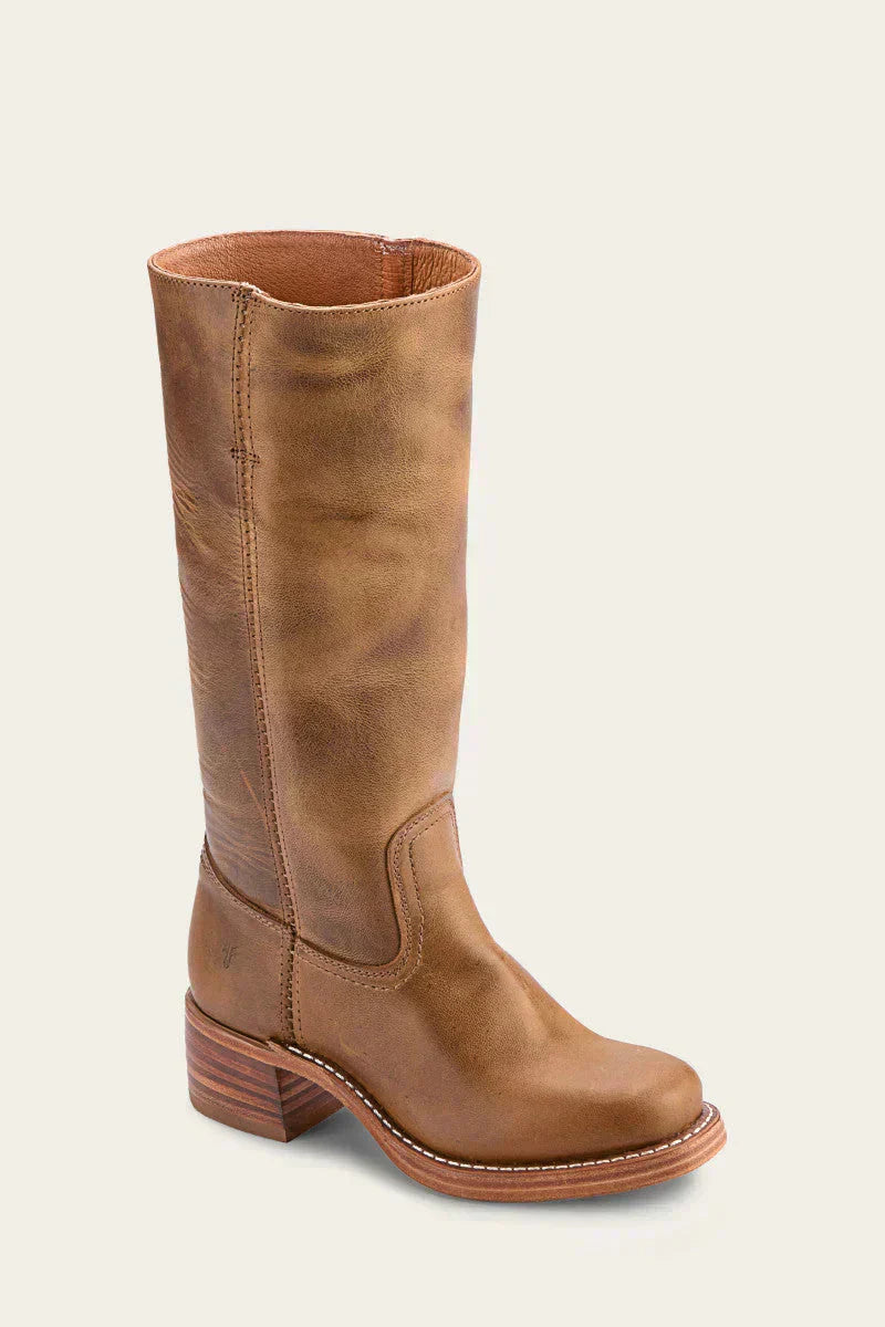 Fitlybuy Agatha women’s tall brown leather boots with a stacked heel, rustic finish, and comfort design.
