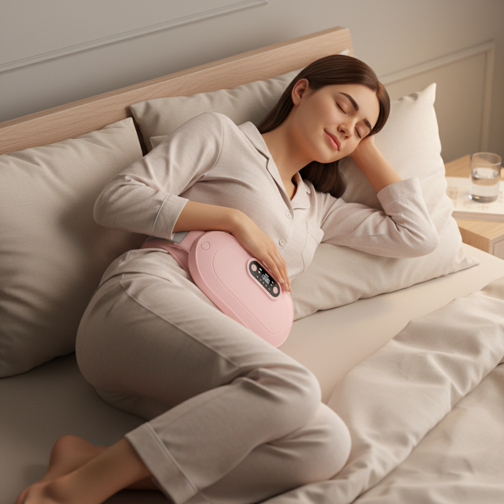 Woman sleeping in bed wearing a pink Fitlybuy ComfortWave menstrual relief pad with a digital display.