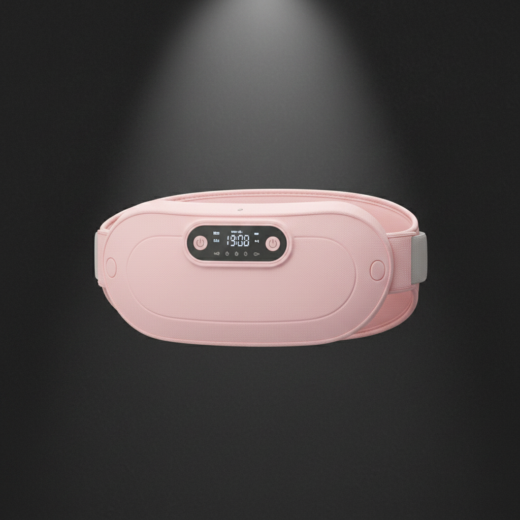 Fitlybuy ComfortWave pink menstrual relief belt with digital display, adjustable strap, and heating/massage features.