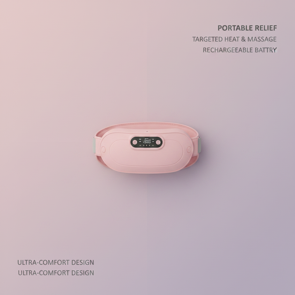 Fitlybuy ComfortWave pink menstrual relief belt with digital display for heat and massage, shown against a soft background.