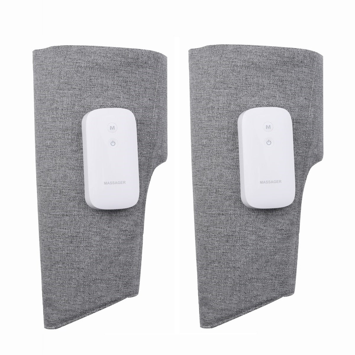 Fitlybuy gray fabric air compression leg massagers with attached white digital control units on a plain white background.
