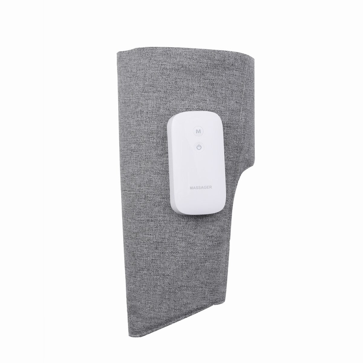 Fitlybuy grey fabric air compression leg massager with a white handheld digital control unit on a white background.