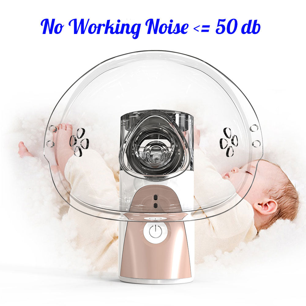 Fitlybuy portable nebulizer, white and rose gold, with clear mask over a resting baby. Text: No working noise <= 50 db.