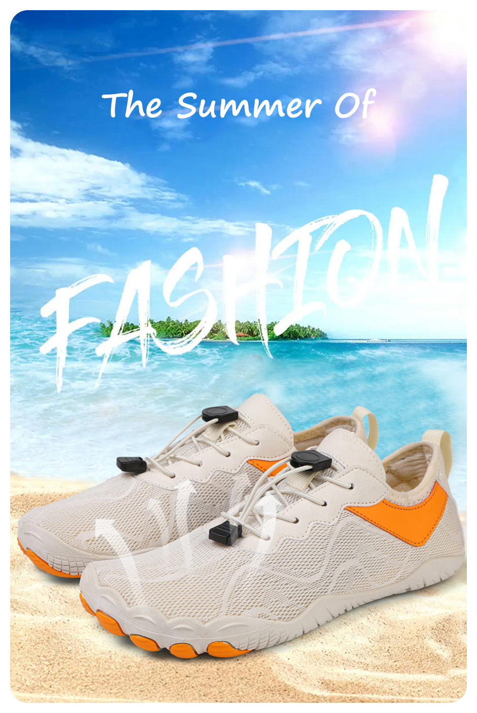 Fitlybuy AquaStep beige unisex water shoes with orange accents and toggled laces on a sunny beach background.