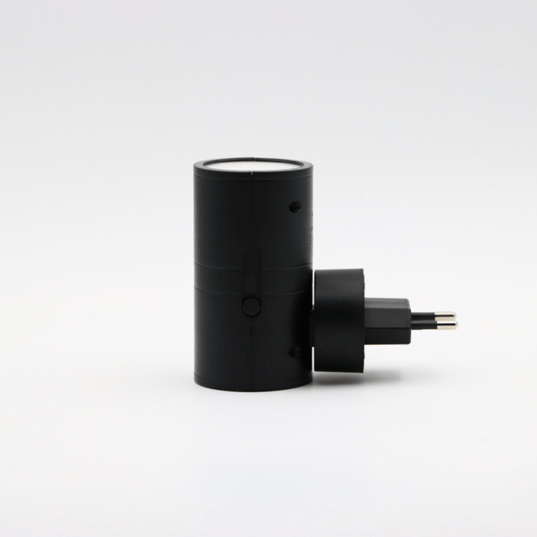 Fitlybuy Alova black LED plug-in wall light for hallways and bedrooms, featuring a dimmable sensor and EU power plug.