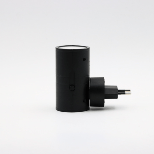 Fitlybuy Alova black LED plug-in wall light for hallways and bedrooms, featuring a dimmable sensor and EU power plug.