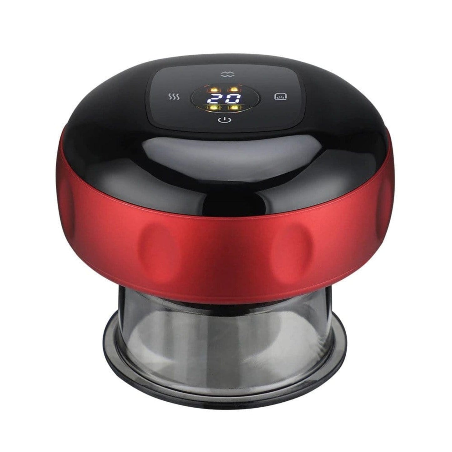 Fitlybuy electric vacuum cupping massager with red/black casing, digital display, and transparent suction cup base.