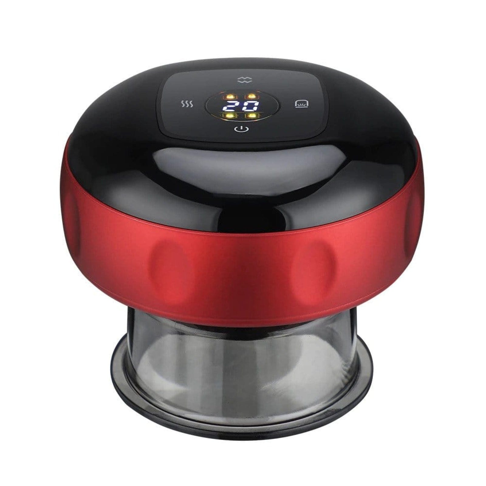 Fitlybuy electric vacuum cupping massager with red/black casing, digital display, and transparent suction cup base.